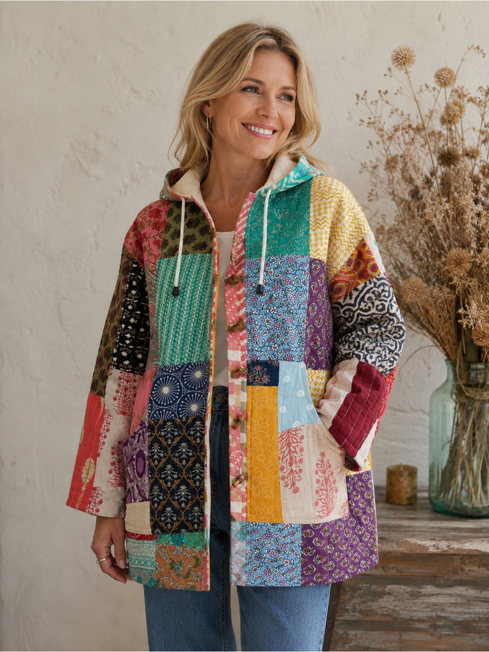 Ashley Tailor Handmade Patchwork Quilted Cotton Hooded Jacket Boho jacket